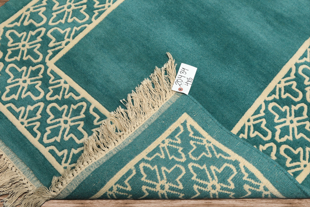 4x6 Turquoise, Ivory, Color Hand Knotted Indo Tibetan Wool Transitional Oriental Rug