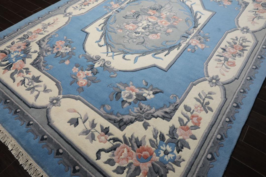 9x12 Blue, ivory, Gray Color Hand Knotted French Aubusson Savonnerie New Zealand Wool Traditional Oriental Rug