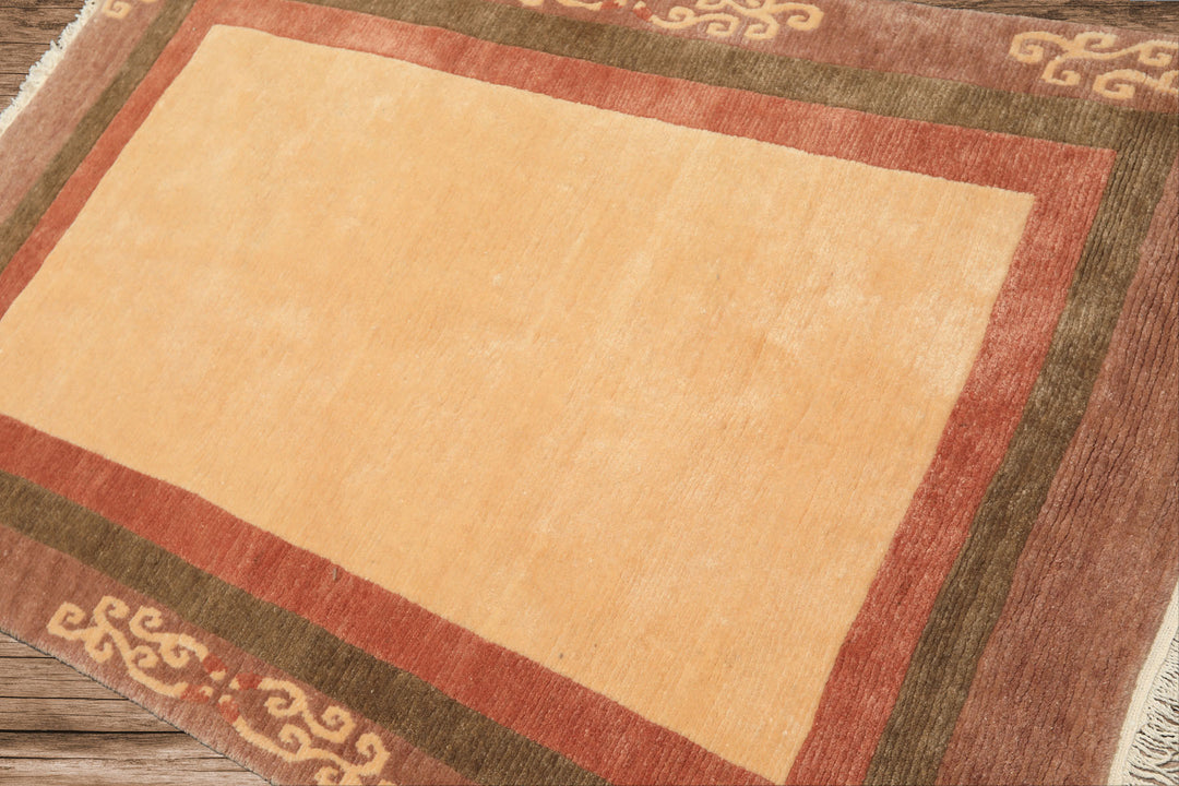 4x6 Ivory, Rose, Olive Color Hand Knotted Tibetan Wool Traditional Oriental Rug