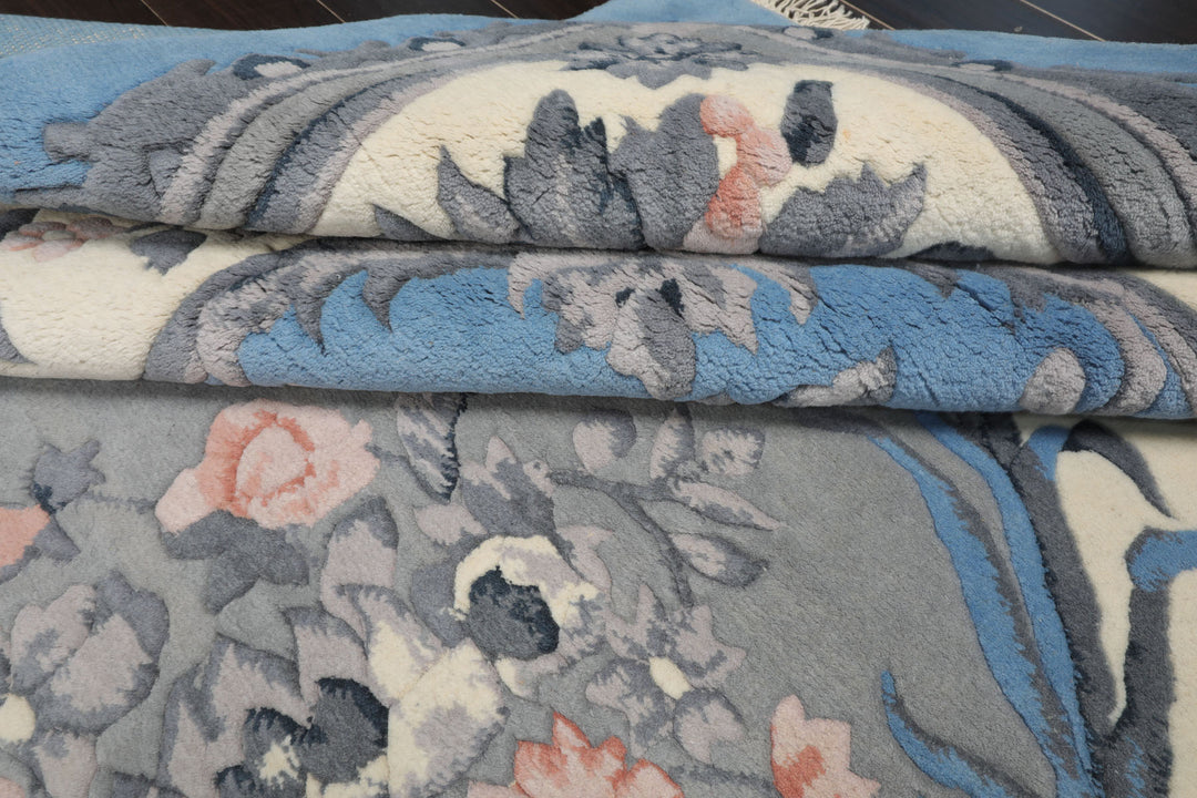 9x12 Blue, ivory, Gray Color Hand Knotted French Aubusson Savonnerie New Zealand Wool Traditional Oriental Rug