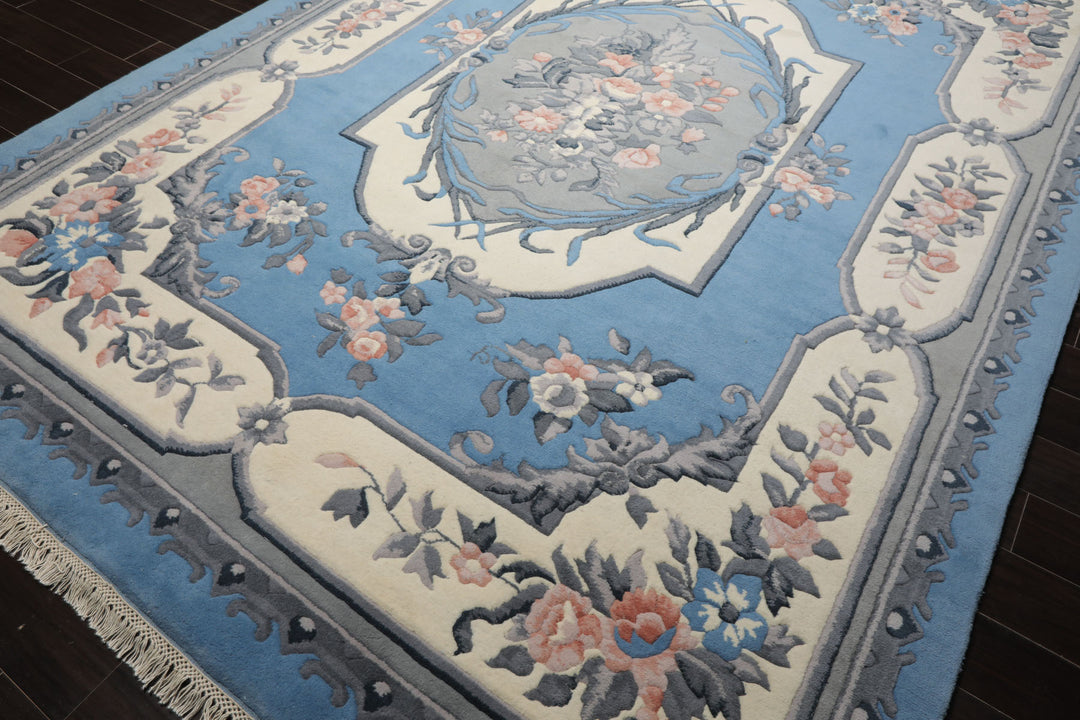 9x12 Blue, ivory, Gray Color Hand Knotted French Aubusson Savonnerie New Zealand Wool Traditional Oriental Rug