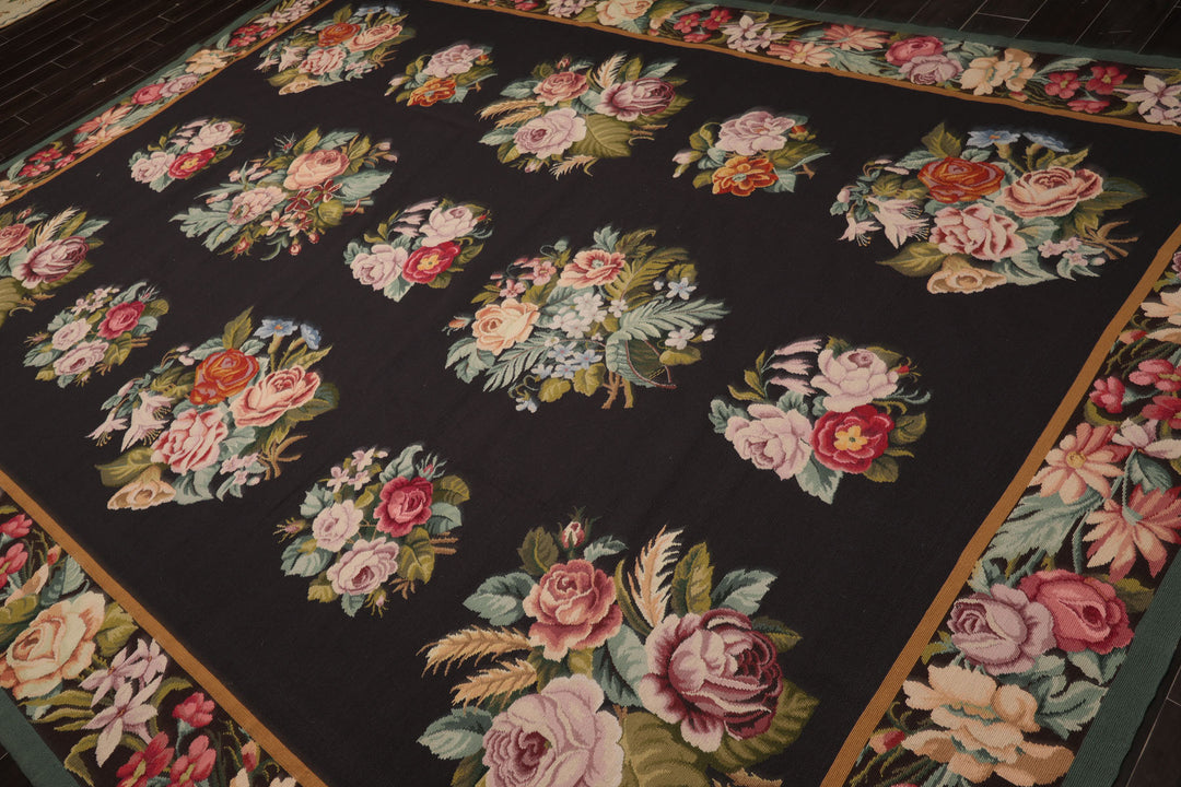 9x12 Charcoal, Ivory, Gold Color Hand Woven Aubusson Needlepoint Wool Traditional Oriental Rug