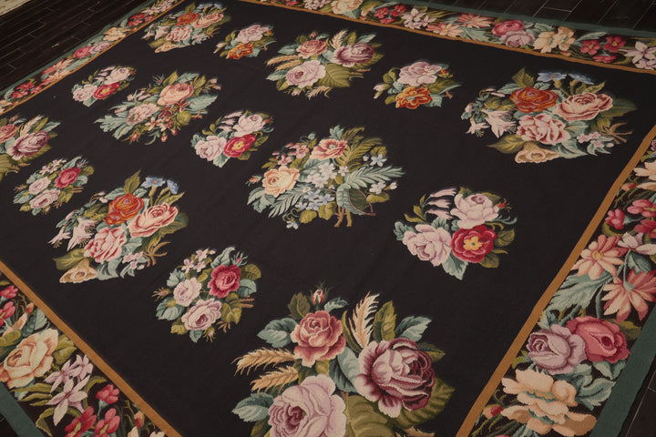 9x12 Charcoal, Ivory, Gold Color Hand Woven Aubusson Needlepoint Wool Traditional Oriental Rug