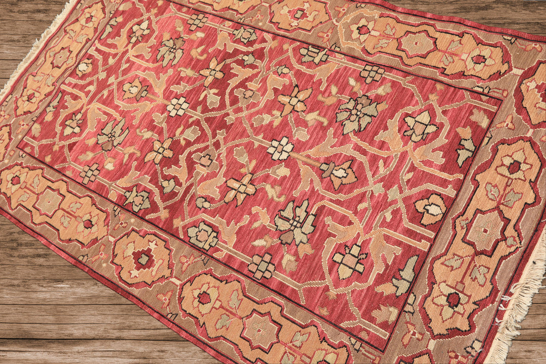 4x6 Rose, Tan, Ivory Color Hand Knotted Nourison Nourmak Soumak Wool Transitional Oriental Rug