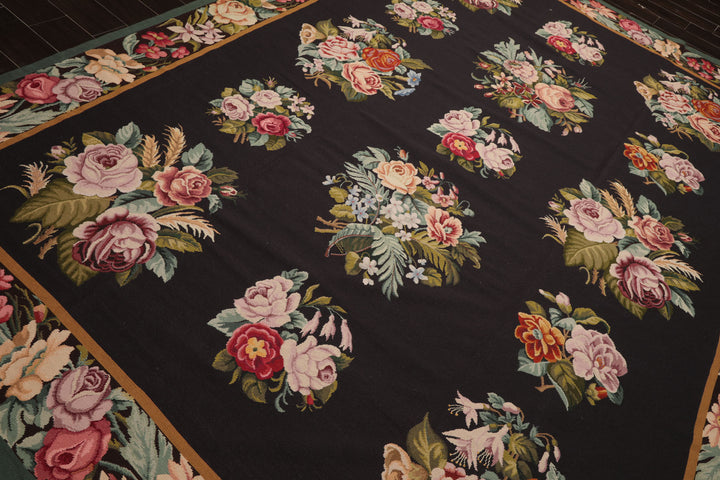 9x12 Charcoal, Ivory, Gold Color Hand Woven Aubusson Needlepoint Wool Traditional Oriental Rug