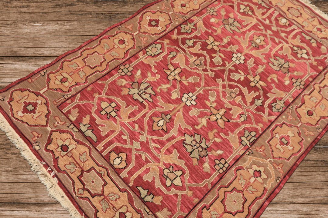 4x6 Rose, Tan, Ivory Color Hand Knotted Nourison Nourmak Soumak Wool Transitional Oriental Rug