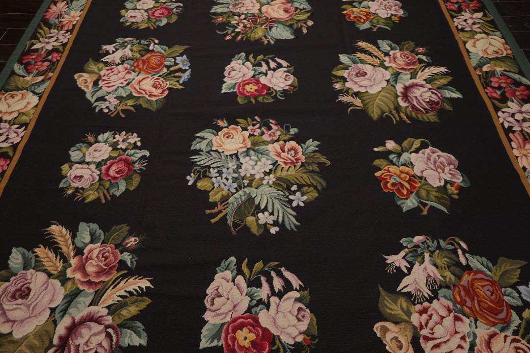 9x12 Charcoal, Ivory, Gold Color Hand Woven Aubusson Needlepoint Wool Traditional Oriental Rug