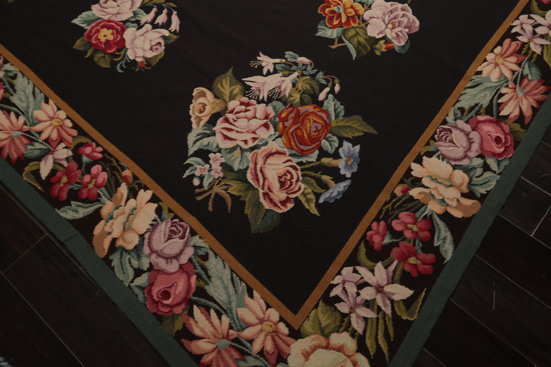 9x12 Charcoal, Ivory, Gold Color Hand Woven Aubusson Needlepoint Wool Traditional Oriental Rug