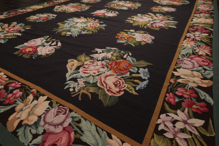 9x12 Charcoal, Ivory, Gold Color Hand Woven Aubusson Needlepoint Wool Traditional Oriental Rug