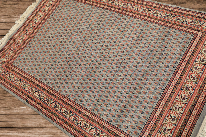 4x6 Slate, Ivory, Rose Color Hand Knotted Boteh Wool Traditional Oriental Rug