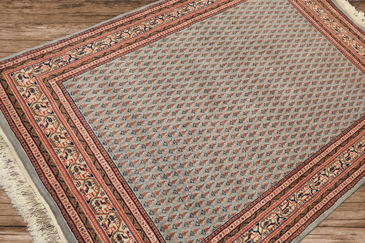 4x6 Slate, Ivory, Rose Color Hand Knotted Boteh Wool Traditional Oriental Rug