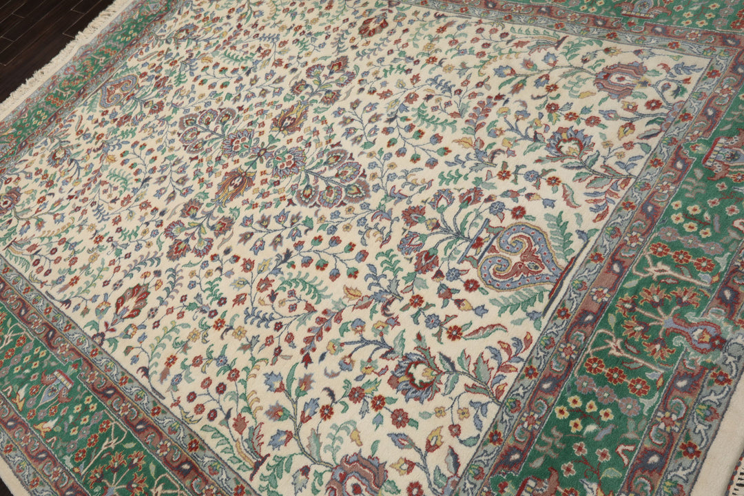 8x10 Ivory, Green, Taupe Color Hand Knotted Kashan New Zealand Wool Traditional Oriental Rug