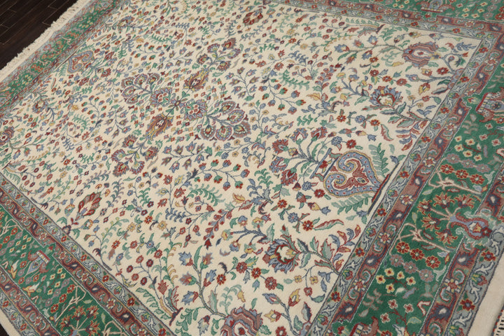 8x10 Ivory, Green, Taupe Color Hand Knotted Kashan New Zealand Wool Traditional Oriental Rug
