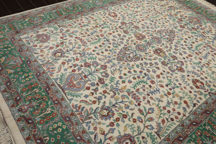 8x10 Ivory, Green, Taupe Color Hand Knotted Kashan New Zealand Wool Traditional Oriental Rug