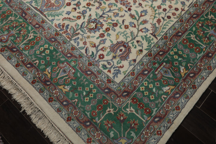 8x10 Ivory, Green, Taupe Color Hand Knotted Kashan New Zealand Wool Traditional Oriental Rug