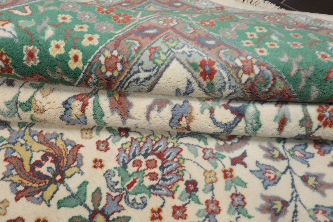 8x10 Ivory, Green, Taupe Color Hand Knotted Kashan New Zealand Wool Traditional Oriental Rug