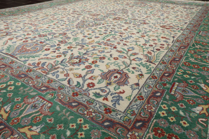 8x10 Ivory, Green, Taupe Color Hand Knotted Kashan New Zealand Wool Traditional Oriental Rug