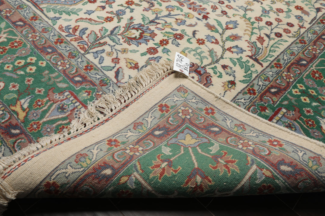 8x10 Ivory, Green, Taupe Color Hand Knotted Kashan New Zealand Wool Traditional Oriental Rug