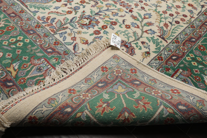 8x10 Ivory, Green, Taupe Color Hand Knotted Kashan New Zealand Wool Traditional Oriental Rug