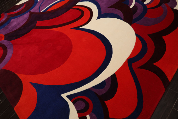 9x12 Red, Orange, Royal Blue Color Hand Hooked Art Deco New Zealand Wool Contemporary Oriental Rug