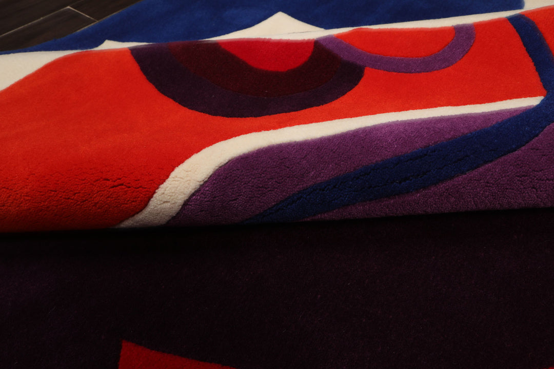 9x12 Red, Orange, Royal Blue Color Hand Hooked Art Deco New Zealand Wool Contemporary Oriental Rug