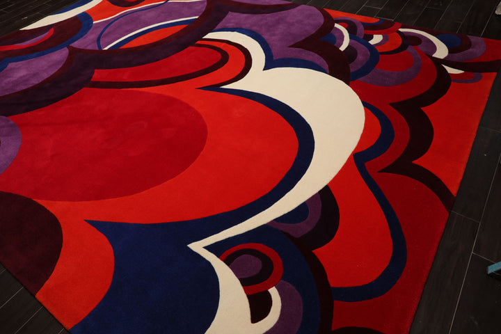 9x12 Red, Orange, Royal Blue Color Hand Hooked Art Deco New Zealand Wool Contemporary Oriental Rug