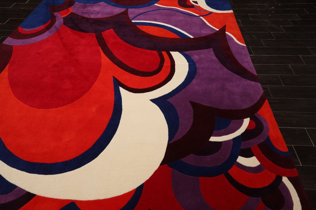 9x12 Red, Orange, Royal Blue Color Hand Hooked Art Deco New Zealand Wool Contemporary Oriental Rug