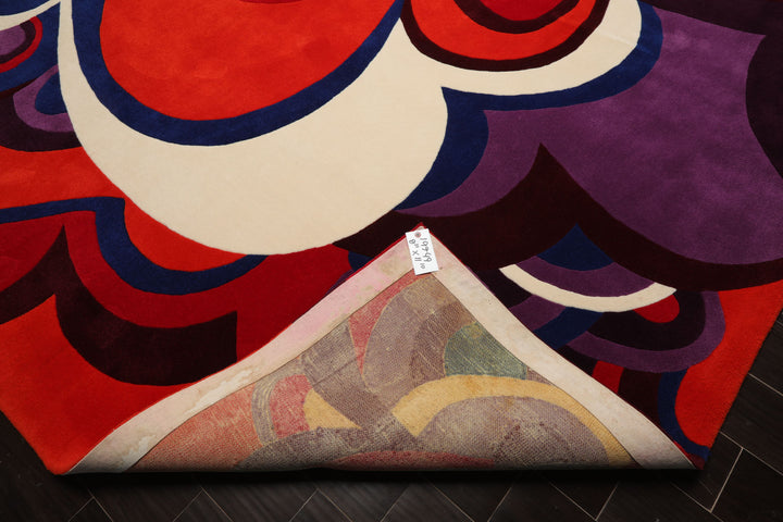 9x12 Red, Orange, Royal Blue Color Hand Hooked Art Deco New Zealand Wool Contemporary Oriental Rug