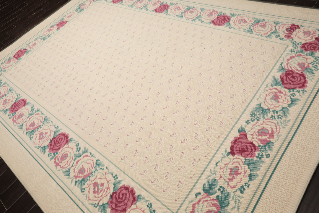 8x11 Ivory, Aqua, Rose Color Machine Made Loop Pile New Zealand Wool Transitional Oriental Rug