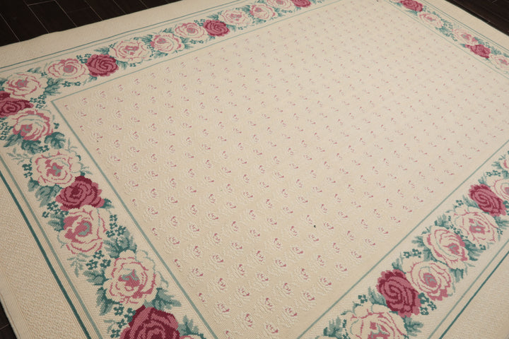 8x11 Ivory, Aqua, Rose Color Machine Made Loop Pile New Zealand Wool Transitional Oriental Rug