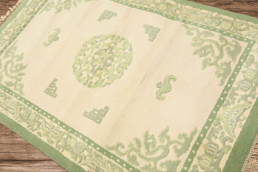 4x6 Ivory, Sage, Color Hand Knotted French Aubusson savonnerie Wool Traditional Oriental Rug