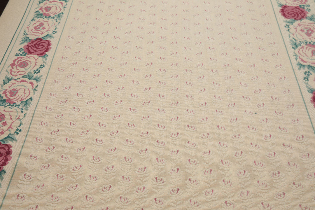 8x11 Ivory, Aqua, Rose Color Machine Made Loop Pile New Zealand Wool Transitional Oriental Rug