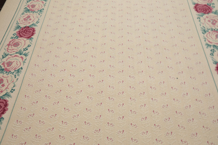 8x11 Ivory, Aqua, Rose Color Machine Made Loop Pile New Zealand Wool Transitional Oriental Rug