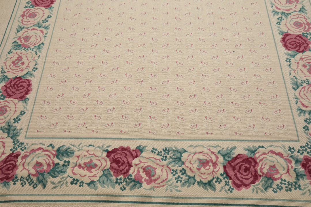 8x11 Ivory, Aqua, Rose Color Machine Made Loop Pile New Zealand Wool Transitional Oriental Rug