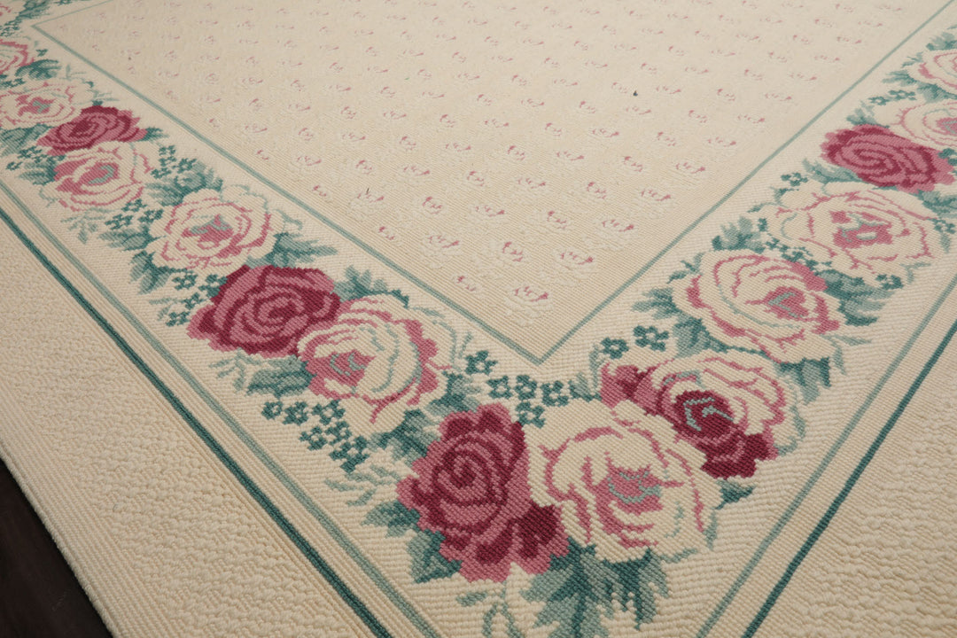 8x11 Ivory, Aqua, Rose Color Machine Made Loop Pile New Zealand Wool Transitional Oriental Rug