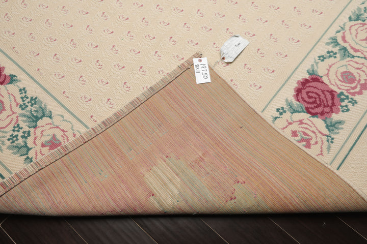 8x11 Ivory, Aqua, Rose Color Machine Made Loop Pile New Zealand Wool Transitional Oriental Rug