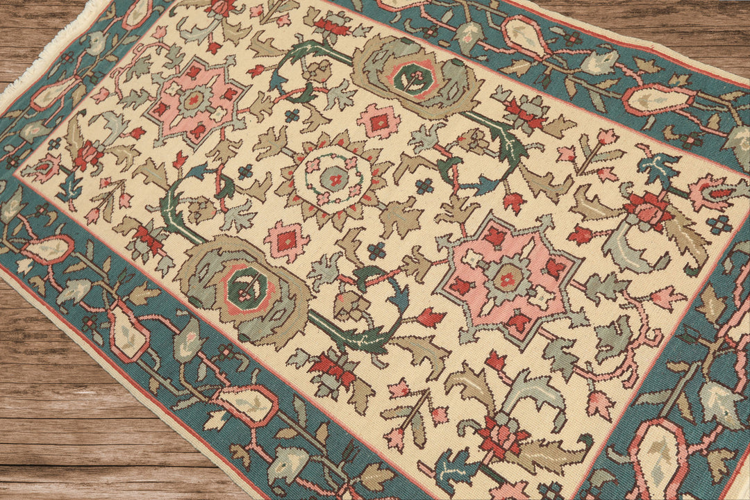 4x6 Ivory, Turquiose, Moss Color Hand Knotted Nourison Nourmak Soumak Wool Traditional Oriental Rug