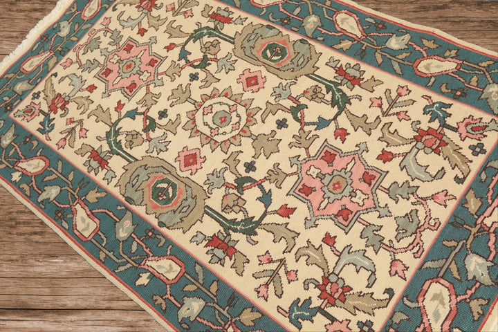 4x6 Ivory, Turquiose, Moss Color Hand Knotted Nourison Nourmak Soumak Wool Traditional Oriental Rug