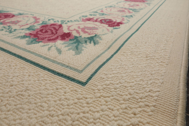8x11 Ivory, Aqua, Rose Color Machine Made Loop Pile New Zealand Wool Transitional Oriental Rug