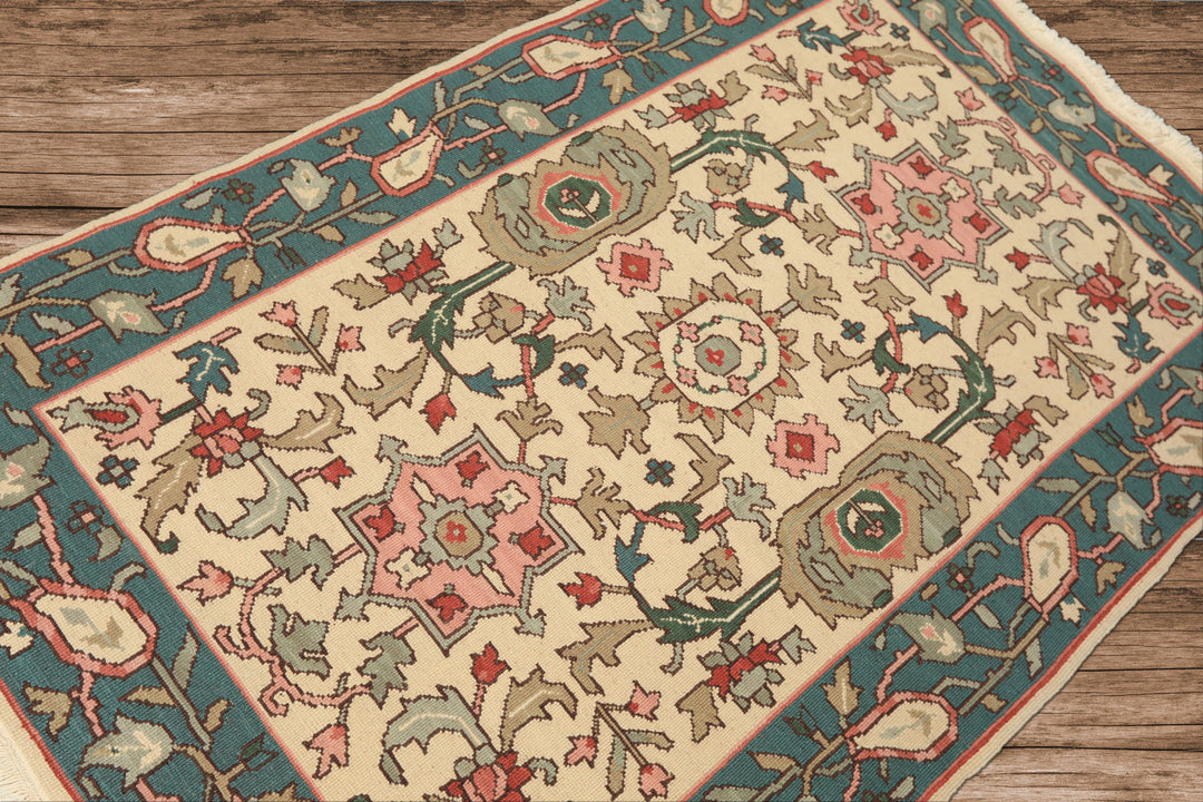 4x6 Ivory, Turquiose, Moss Color Hand Knotted Nourison Nourmak Soumak Wool Traditional Oriental Rug