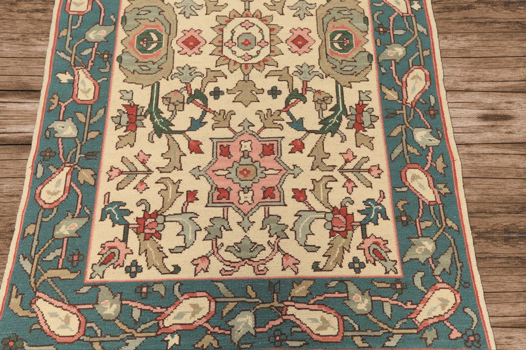 4x6 Ivory, Turquiose, Moss Color Hand Knotted Nourison Nourmak Soumak Wool Traditional Oriental Rug