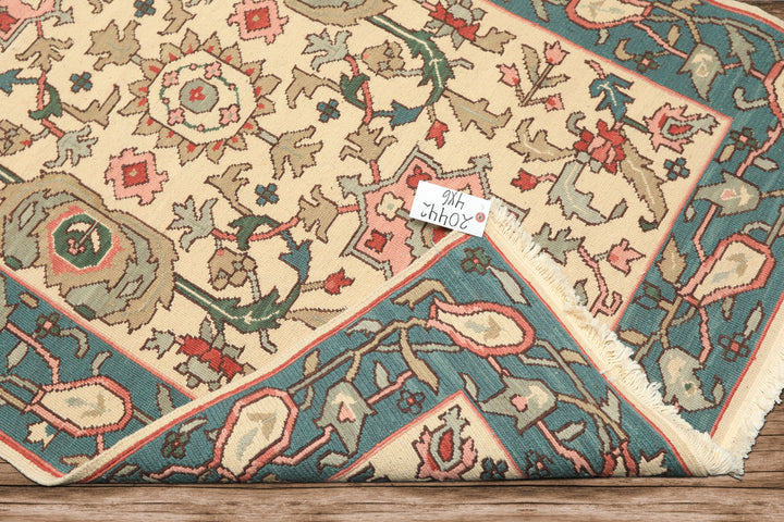 4x6 Ivory, Turquiose, Moss Color Hand Knotted Nourison Nourmak Soumak Wool Traditional Oriental Rug