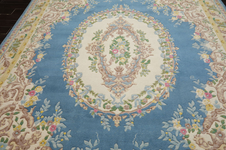 9x12 Blue, Ivory, Gold Color Hand Knotted French Aubusson Savonnerie New Zealand Wool Traditional Oriental Rug