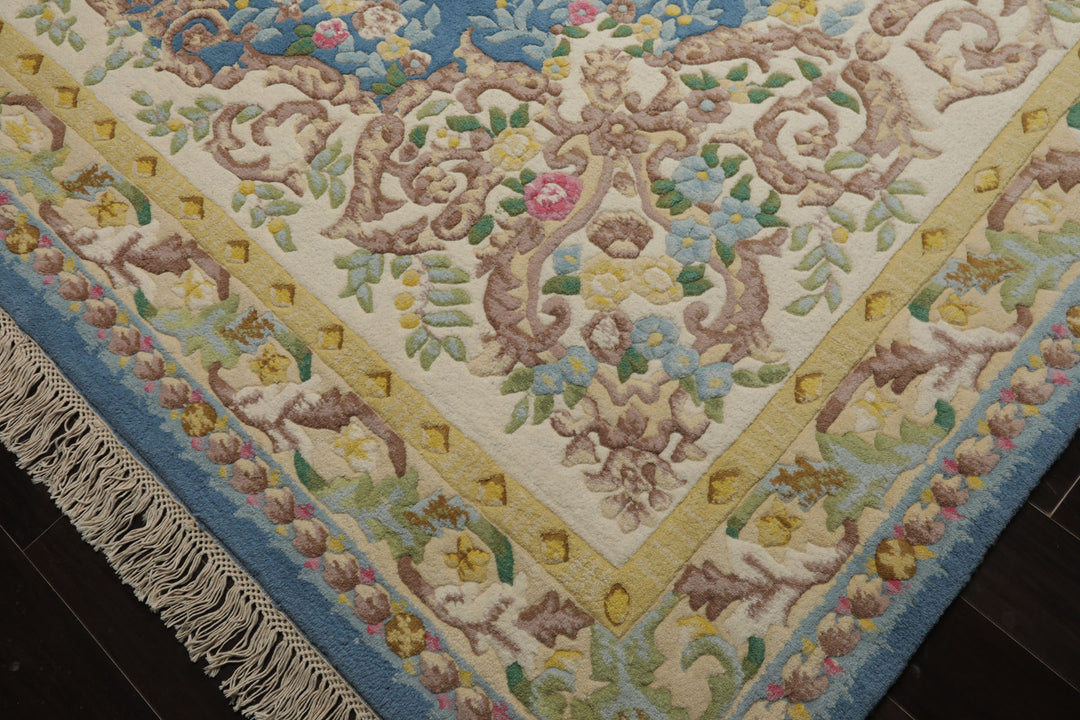 9x12 Blue, Ivory, Gold Color Hand Knotted French Aubusson Savonnerie New Zealand Wool Traditional Oriental Rug