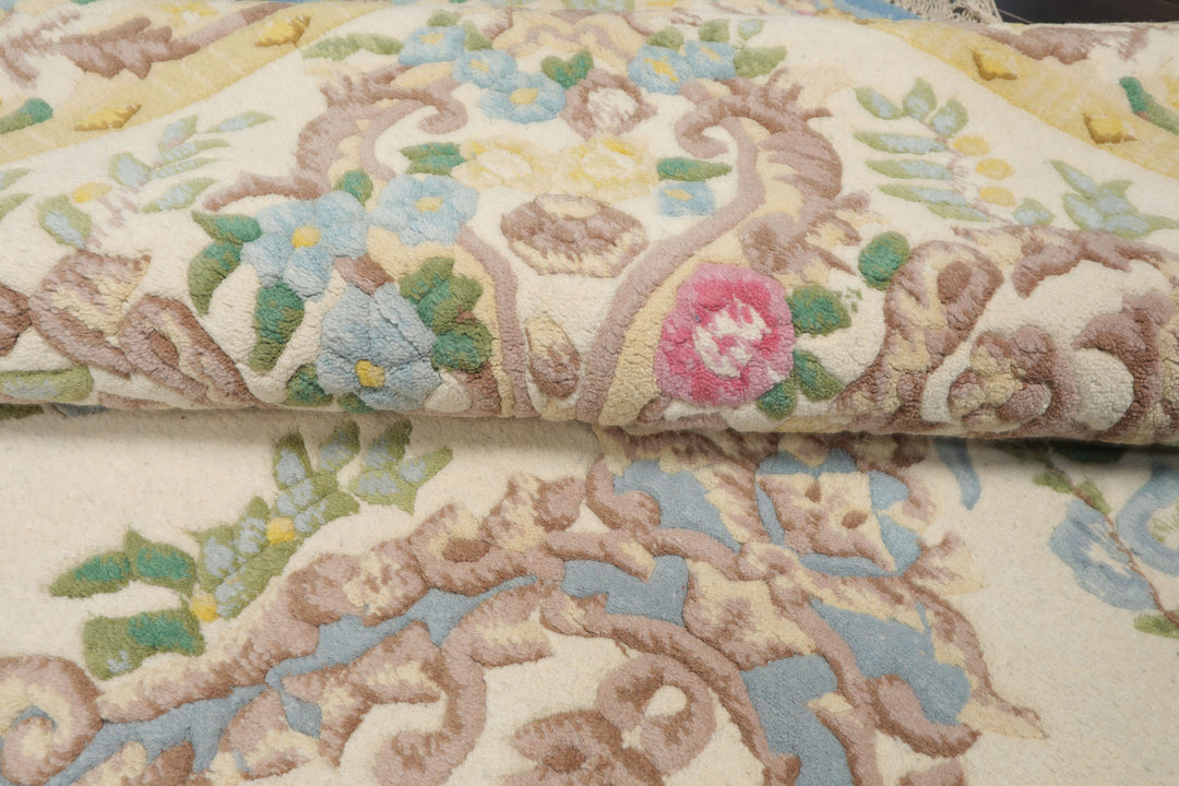9x12 Blue, Ivory, Gold Color Hand Knotted French Aubusson Savonnerie New Zealand Wool Traditional Oriental Rug