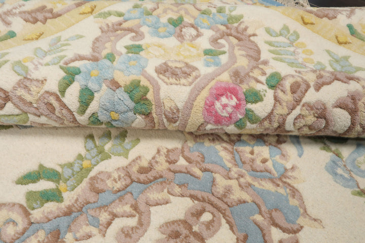 9x12 Blue, Ivory, Gold Color Hand Knotted French Aubusson Savonnerie New Zealand Wool Traditional Oriental Rug