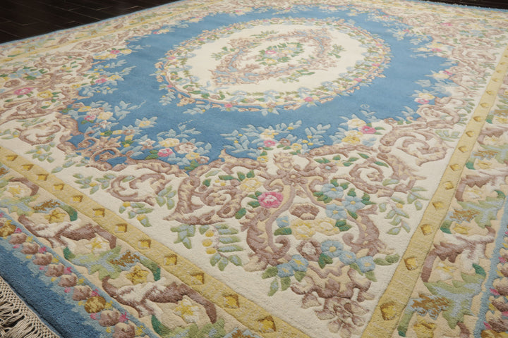 9x12 Blue, Ivory, Gold Color Hand Knotted French Aubusson Savonnerie New Zealand Wool Traditional Oriental Rug