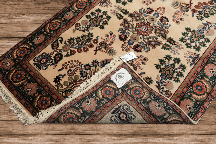4x6 Ivory, Green, Rose Color Hand Knotted Indo Sarouk New Zealand Wool Traditional Oriental Rug