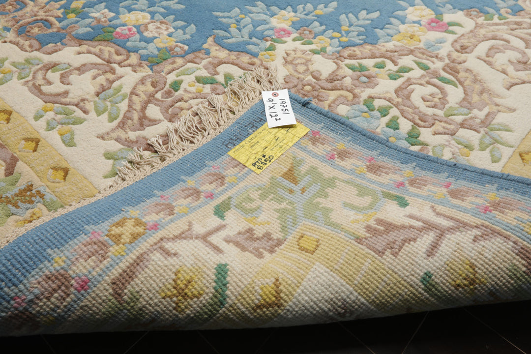 9x12 Blue, Ivory, Gold Color Hand Knotted French Aubusson Savonnerie New Zealand Wool Traditional Oriental Rug