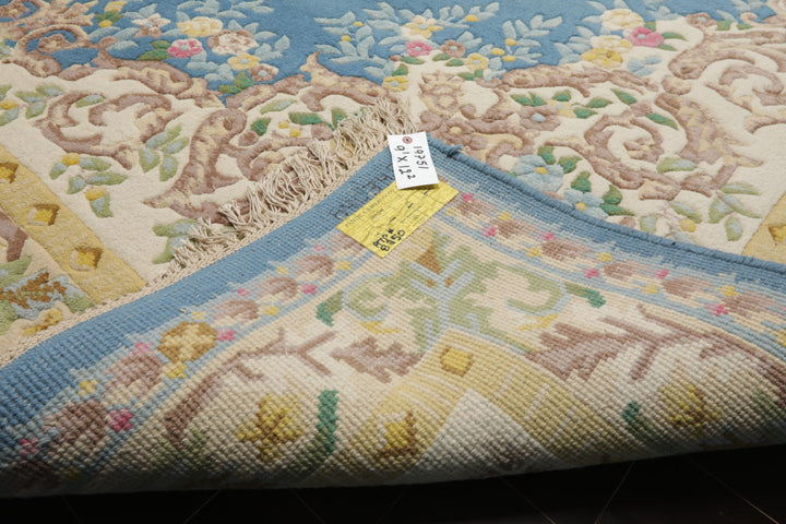9x12 Blue, Ivory, Gold Color Hand Knotted French Aubusson Savonnerie New Zealand Wool Traditional Oriental Rug